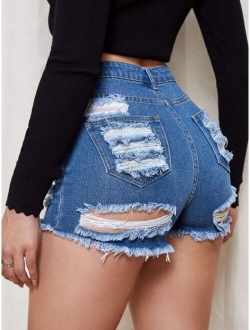 High Waisted Ripped Denim Shorts