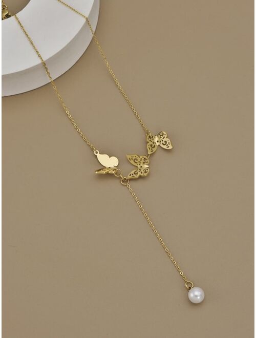 Shein Butterfly Faux Pearl Decor Y Lariat Necklace