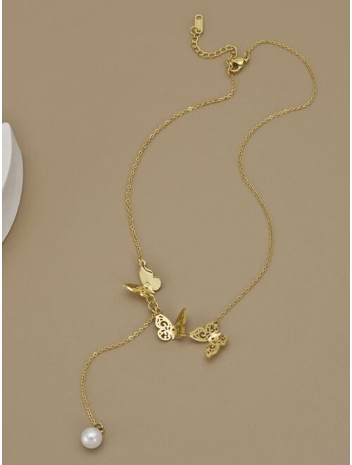 Shein Butterfly Faux Pearl Decor Y Lariat Necklace