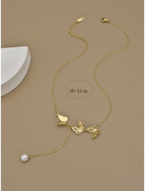 Shein Butterfly Faux Pearl Decor Y Lariat Necklace