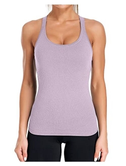 ATTRACO Ribbed Workout Tank Tops for Women with Built in Bra Tight Racerback Scoop Neck Athletic Top