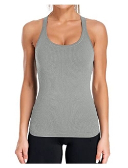 ATTRACO Ribbed Workout Tank Tops for Women with Built in Bra Tight Racerback Scoop Neck Athletic Top