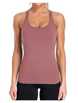 ATTRACO Ribbed Workout Tank Tops for Women with Built in Bra Tight Racerback Scoop Neck Athletic Top