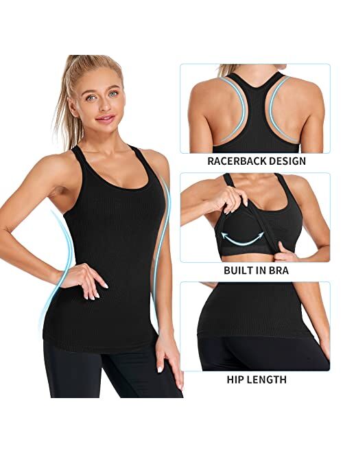 ATTRACO Ribbed Workout Tank Tops for Women with Built in Bra Tight Racerback Scoop Neck Athletic Top