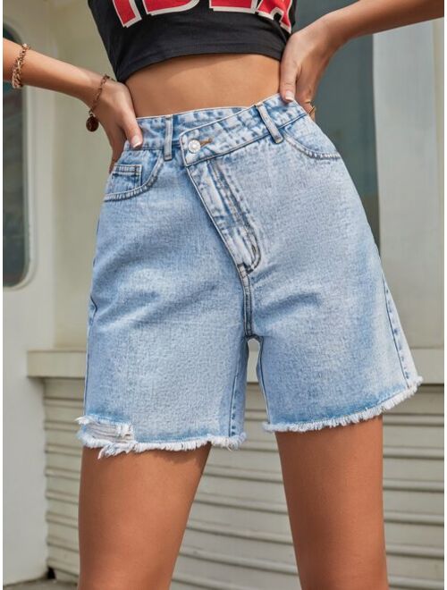 Shein Asymmetrical Waist Raw Hem Denim Shorts