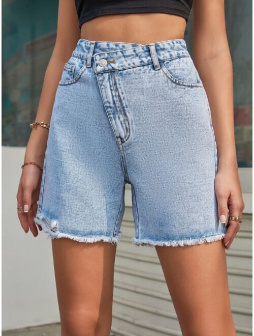 Shein Asymmetrical Waist Raw Hem Denim Shorts