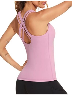 FITTIN Workout Tank Tops with Built in Bra for Women - Criss Cross Strappy Back Slim Fit Cami Long Athletic Yoga Tops