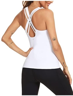 FITTIN Workout Tank Tops with Built in Bra for Women - Criss Cross Strappy Back Slim Fit Cami Long Athletic Yoga Tops