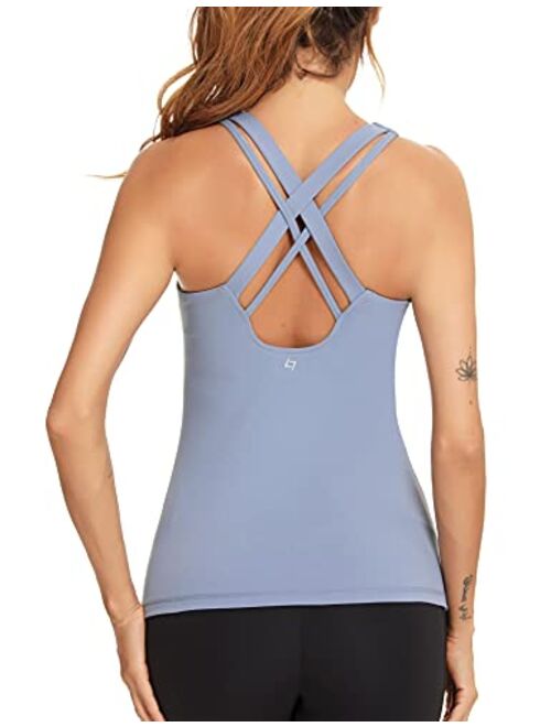 FITTIN Workout Tank Tops with Built in Bra for Women - Criss Cross Strappy Back Slim Fit Cami Long Athletic Yoga Tops