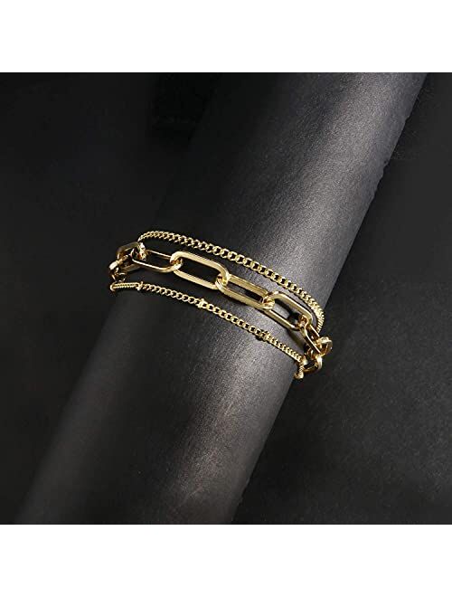 Conran Kremix Gold Chain Bracelet Sets for Women Girls 14K Gold Plated Dainty Link Paperclip Bracelets Stake Adjustable Layered Metal Link Bracelet Set Fashion Jewelry.