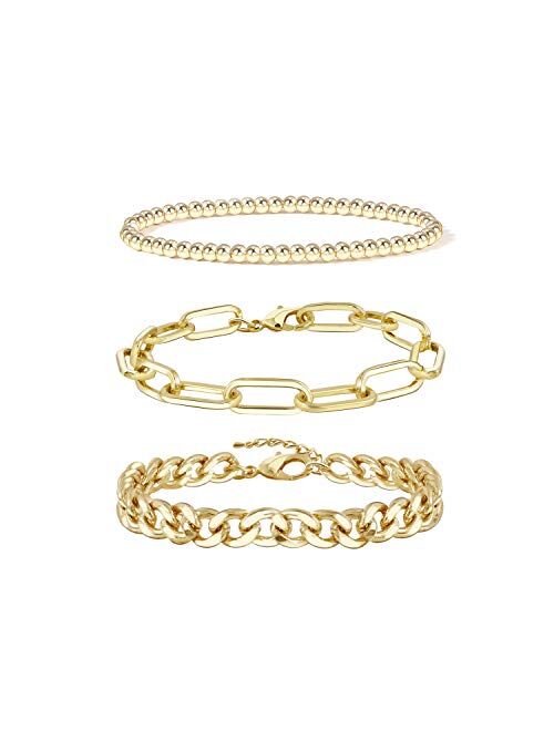 Conran Kremix Gold Chain Bracelet Sets for Women Girls 14K Gold Plated Dainty Link Paperclip Bracelets Stake Adjustable Layered Metal Link Bracelet Set Fashion Jewelry.