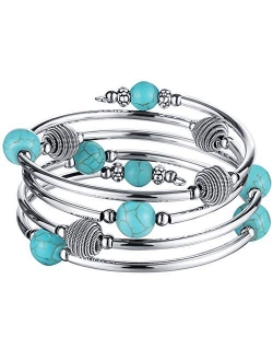 PEARL&CLUB Beaded Chakra Bangle Turquoise Bracelet - Fashion Jewelry Wrap Bracelet with Thick Silver Metal and Mala Beads, Birthday Gifts for Women