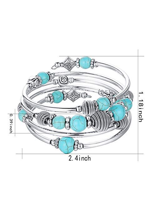 PEARL&CLUB Beaded Chakra Bangle Turquoise Bracelet - Fashion Jewelry Wrap Bracelet with Thick Silver Metal and Mala Beads, Birthday Gifts for Women