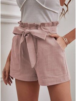Solid Paper Bag Waist Belted Shorts