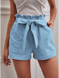 Solid Paper Bag Waist Belted Shorts