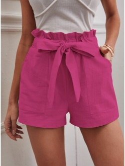 Solid Paper Bag Waist Belted Shorts