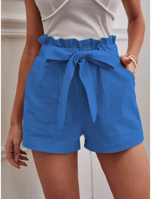 Shein Solid Paper Bag Waist Belted Shorts