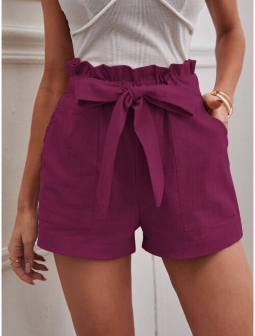 Shein Solid Paper Bag Waist Belted Shorts