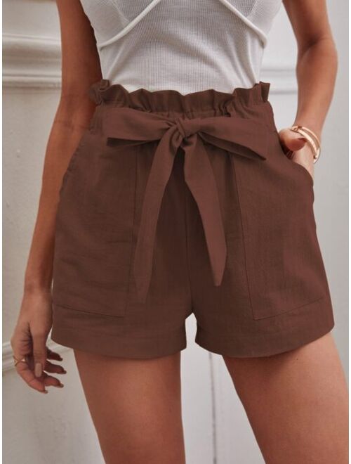 Shein Solid Paper Bag Waist Belted Shorts