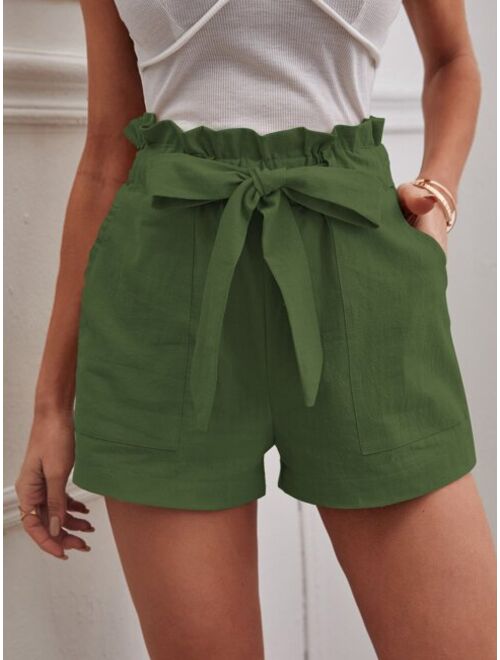 Shein Solid Paper Bag Waist Belted Shorts