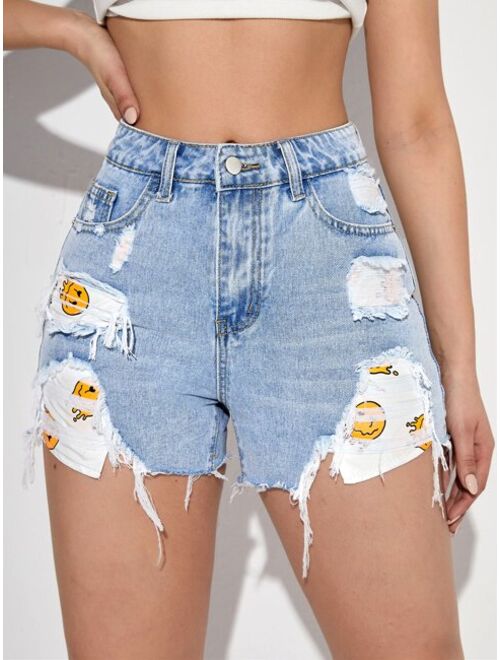 Shein Cartoon Graphic Ripped Raw Hem Denim Shorts