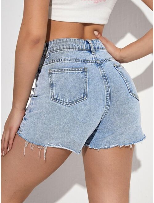 Shein Cartoon Graphic Ripped Raw Hem Denim Shorts