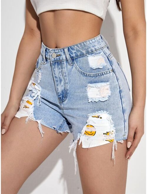 Shein Cartoon Graphic Ripped Raw Hem Denim Shorts