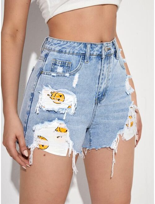 Shein Cartoon Graphic Ripped Raw Hem Denim Shorts