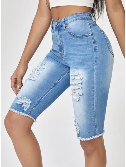 Shein Raw Hem Light Washed Denim Shorts