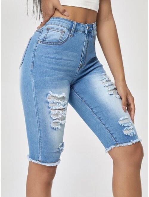 Shein Raw Hem Light Washed Denim Shorts