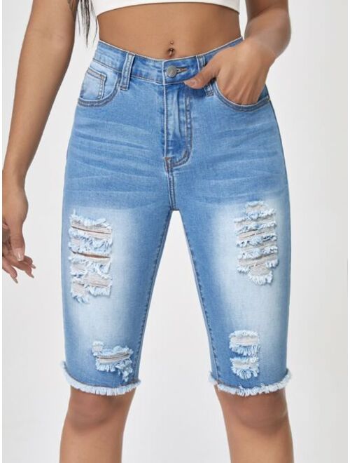 Shein Raw Hem Light Washed Denim Shorts