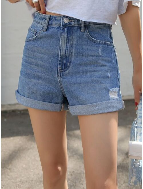 DAZY Ripped Rolled Hem Denim Shorts