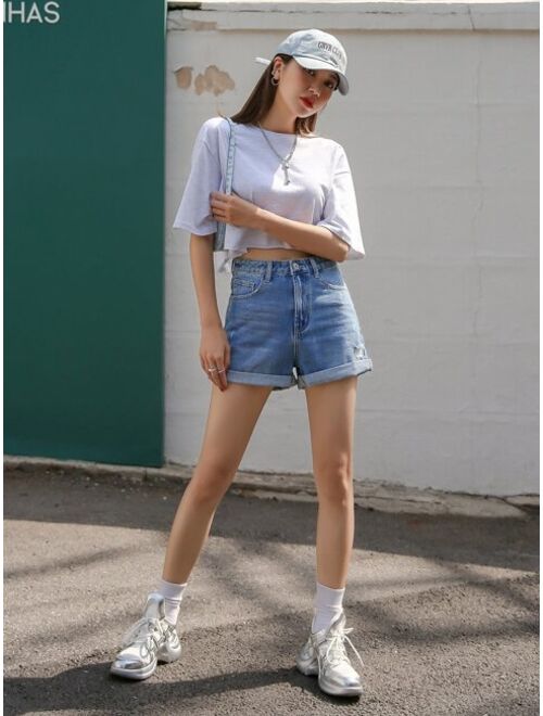 DAZY Ripped Rolled Hem Denim Shorts