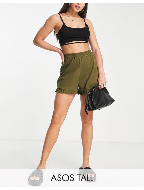 ASOS Tall ASOS DESIGN Tall crinkle short in cotton with ruffle hem in khaki