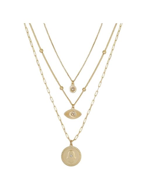 Unwritten 14K Gold Flash-Plated 3-Pieces Matte Finish Genuine Crystal Spiritual Layered Pendants Set