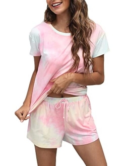 MessBebe Women's Short Sleeve Tie Dye Pajamas Set 2 Piece Sleepwear Shirt with Shorts Loungewear