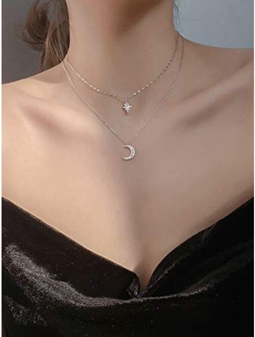 SLUYNZ 925 Sterling Silver Layered Necklace Chain Star Moon Choker Necklace for Women Teen Girls Layering Chain Choker