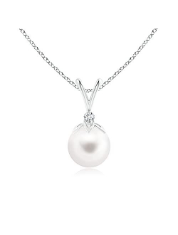 Angara June Birthstone - Freshwater Cultured Pearl Pendant Necklace with Diamond (8mm Freshwater Cultured Pearl)