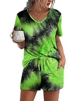 Aloodor Lounge Set for Women 2 Piece Outfits Short Sleeve V Neck Pjs Sleepwear Soft