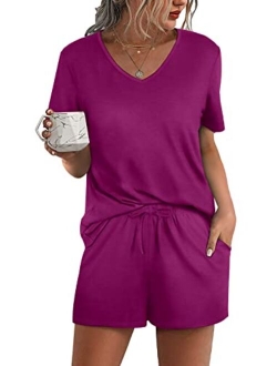 Aloodor Lounge Set for Women 2 Piece Outfits Short Sleeve V Neck Pjs Sleepwear Soft