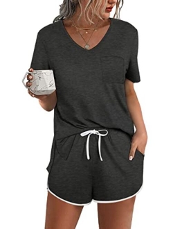 Aloodor Lounge Set for Women 2 Piece Outfits Short Sleeve V Neck Pjs Sleepwear Soft