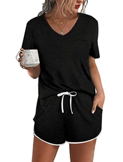 Aloodor Lounge Set for Women 2 Piece Outfits Short Sleeve V Neck Pjs Sleepwear Soft