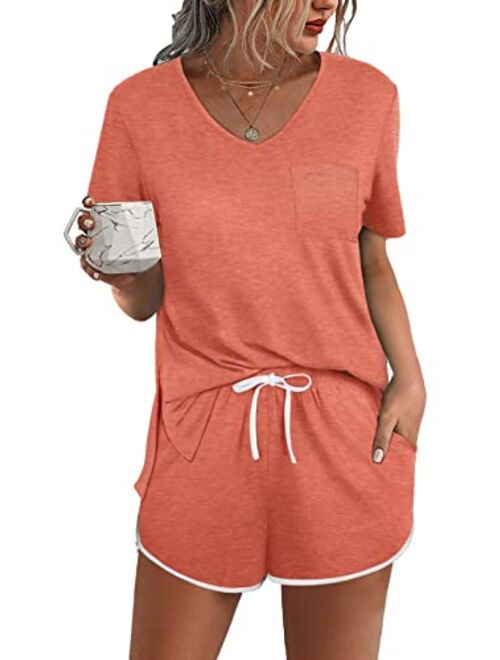 Aloodor Lounge Set for Women 2 Piece Outfits Short Sleeve V Neck Pjs Sleepwear Soft