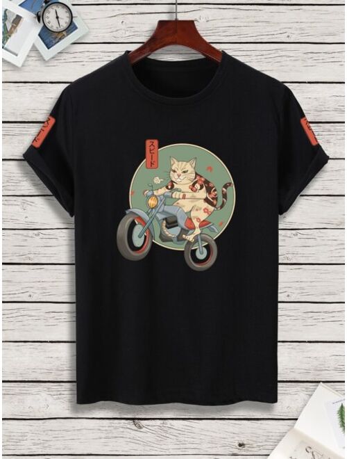 Shein Men Cat Japanese Letter Graphic Tee