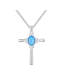 Eco Silver Luxe Sterling Silver Simulated Blue Opal Cubic Zirconia Cross Pendant Necklace