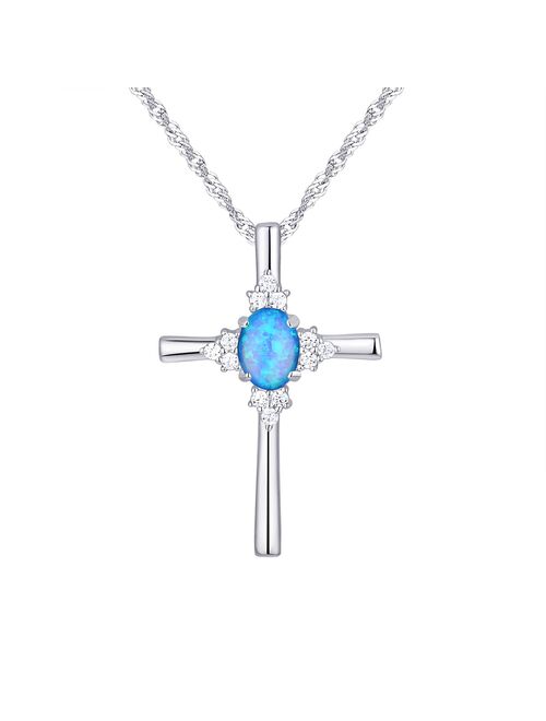 Eco Silver Luxe Sterling Silver Simulated Blue Opal Cubic Zirconia Cross Pendant Necklace