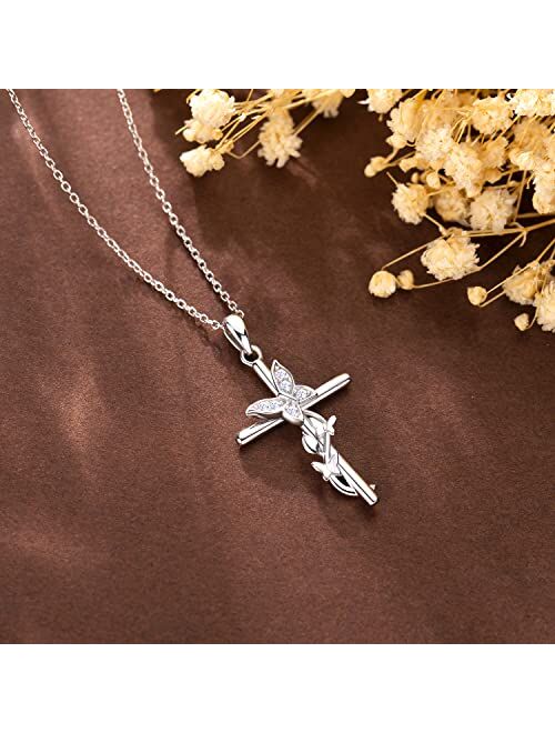 Ashli Jena Gifts for Valentine's Day Cross Necklace for Women Faith Love 925 Sterling Silver Butterfly CZ Diamond Pendant Necklaces Mother's Day Birthday Christmas Jewelr