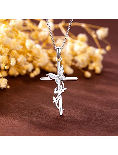 Ashli Jena Gifts for Valentine's Day Cross Necklace for Women Faith Love 925 Sterling Silver Butterfly CZ Diamond Pendant Necklaces Mother's Day Birthday Christmas Jewelr