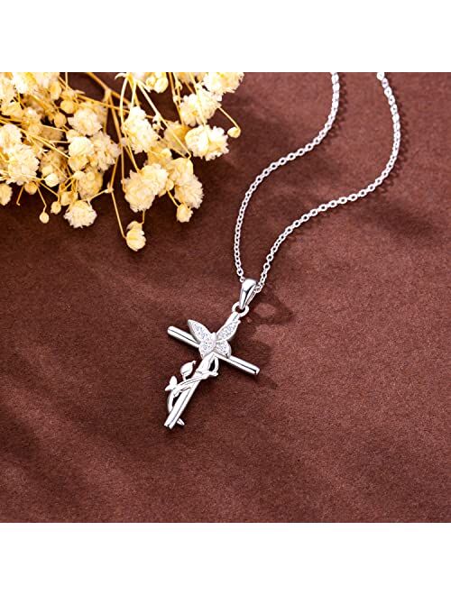 Ashli Jena Gifts for Valentine's Day Cross Necklace for Women Faith Love 925 Sterling Silver Butterfly CZ Diamond Pendant Necklaces Mother's Day Birthday Christmas Jewelr