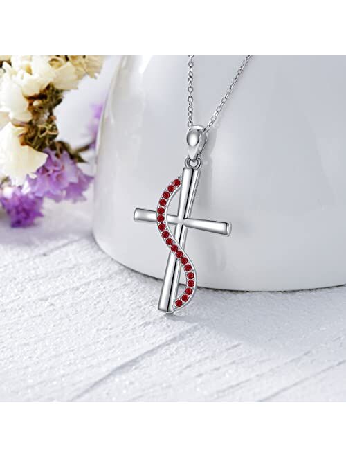 OCJ Christian Gifts for Women Sterling Silver Birhtstone Necklace Infinity Cross Pendant 5A CA 12 Birth Months Cross Necklace Anniversary Birthday Jewelry Gifts for Women